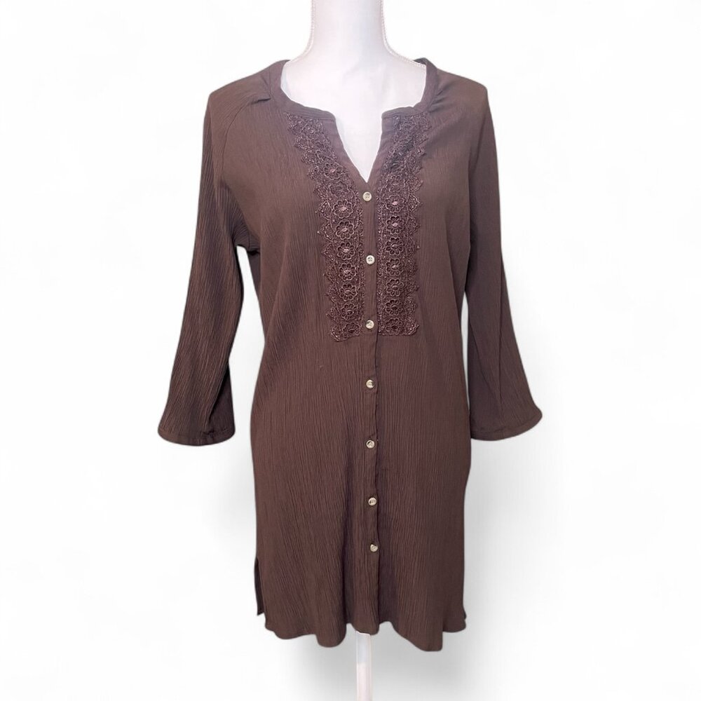 ♡ Jaclyn Smith Western Boho Button Tunic Dress XL Brown Crinkle Fabric Lace ♡